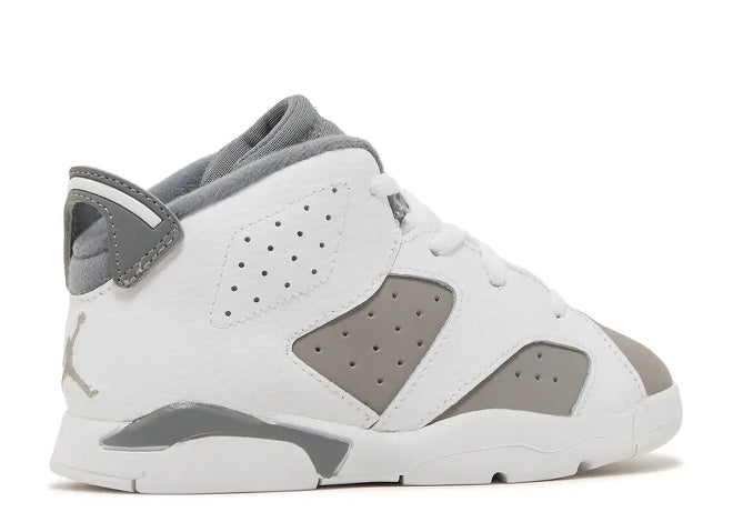 Air Jordan 6 TD toddler sneaker white & Cool Grey, side profile.