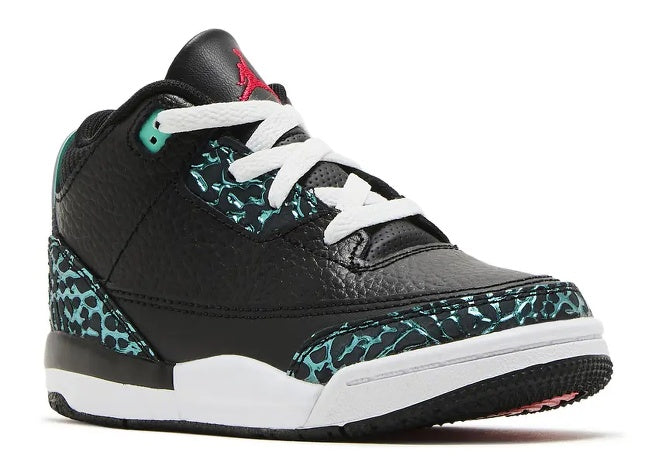 Kids Air Jordan 3 TD sneaker: black leather, teal abstract pattern, Siren Red Jumpman, white midsole.