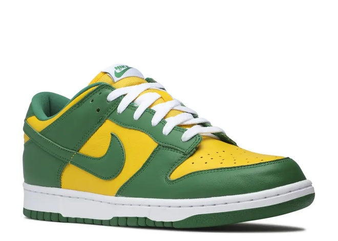 Nike Dunk Low SP Brazil CU1727-700 mens sneaker in Varsity Maize, Pine Green, and white.