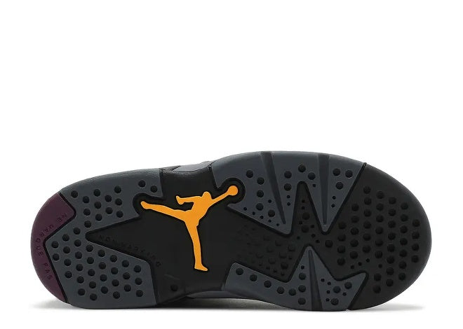 Air Jordan 6 Infants black/grey outsole with orange Jumpman logo and Bordeaux heel detail.