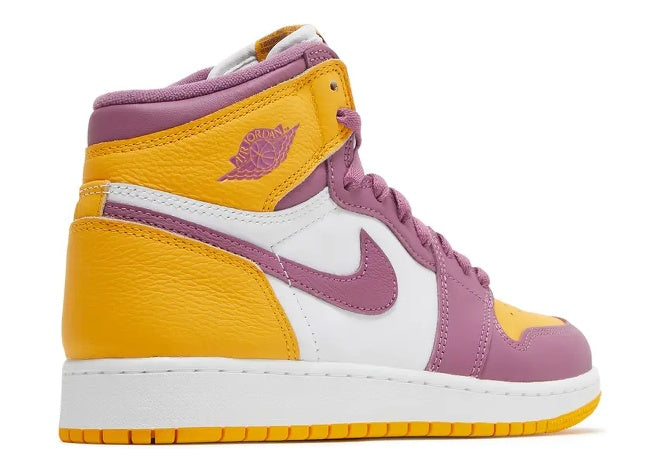 Air Jordan 1 High Kids sneaker in University Gold, Light Bordeaux, and white.