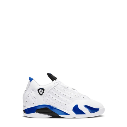 Air Jordan 14 Retro Preschool Kids' Shoes - White, Black, & Hyper Royal - 65% Scale