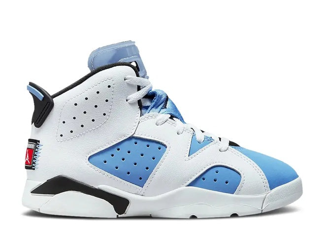 Air Jordan 6 PS University Blue White Black preschool sneaker, side view, showing Jumpman logo.