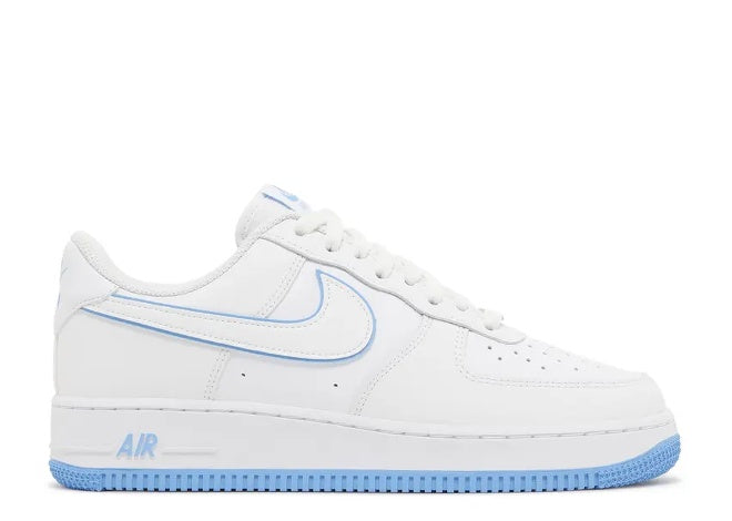 Nike Air Force 1 07 mens sneaker, white with University Blue accents on Swoosh, AIR, and sole.