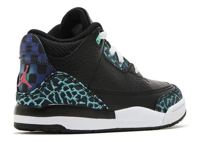 Air Jordan 3 TD black, hyper jade elephant print, siren red Jumpman kids sneaker.