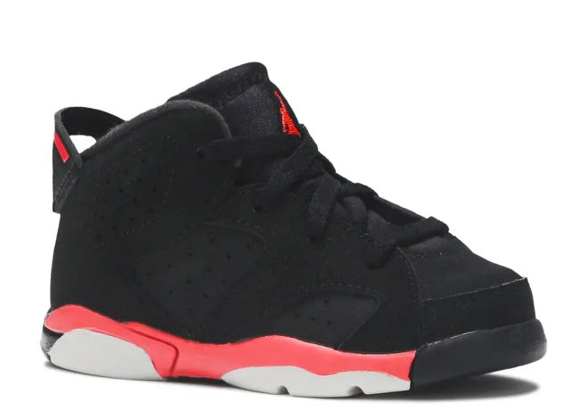 Unisex Air Jordan 6 Infants BLK Infrared23 sneakers: black upper, red and white midsole.