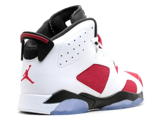 Air Jordan 6 PS kids sneaker, white, carmine & black, back-side view with Jumpman logo.