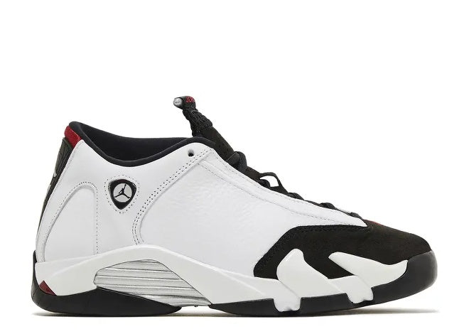 Kids Air Jordan 14 sneaker, white leather upper with black suede toe and varsity red accents.