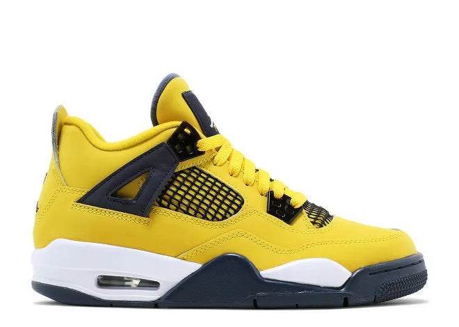 Air Jordan 4 Boys sneaker in Tour Yellow, Dark Blue, and White.