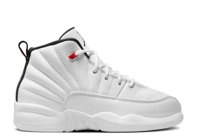 Air Jordan 12 PS Kids white sneaker with black and University Red details.