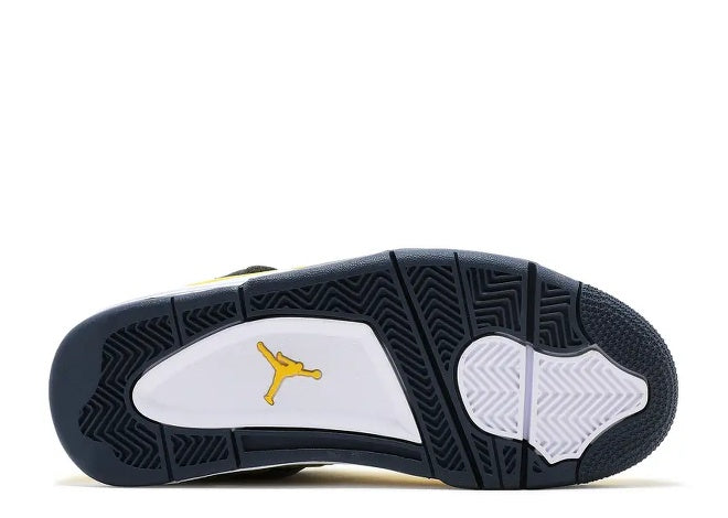 Kids Air Jordan 4 sneaker sole in dark blue-grey with yellow Jumpman logo and white accents.