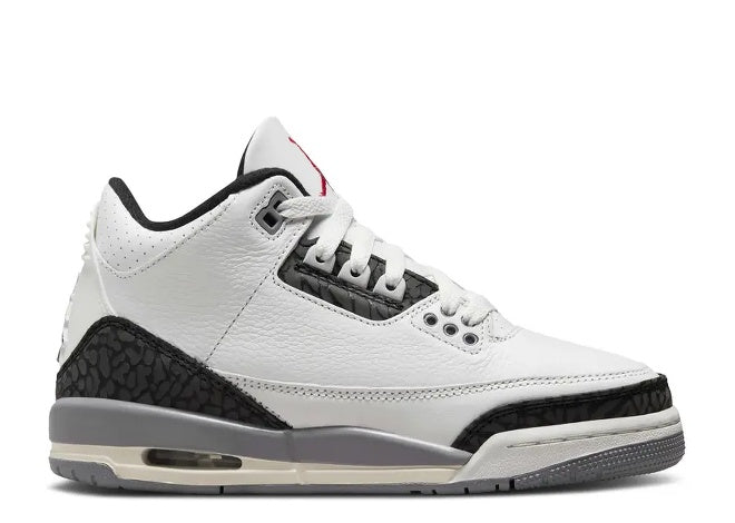 White Air Jordan 3 Retro GS Cement Grey sneaker with black elephant print and red Jumpman logo