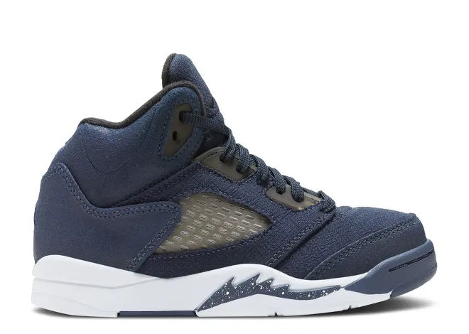 Air Jordan 5 SE PS kids sneaker in Midnight Navy, Black, and White with speckled midsole design.
