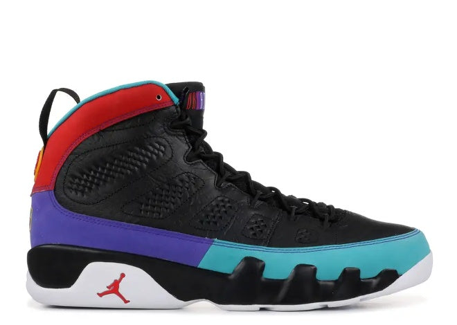 Air Jordan 9 Mens Black, University Red, Purple, Teal high-top sneaker
