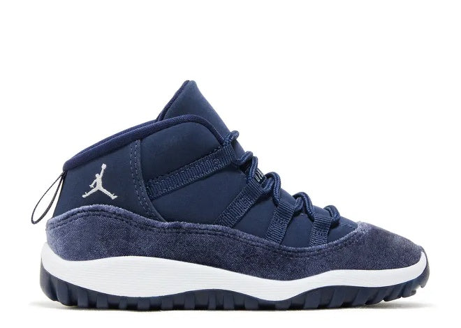 Air Jordan 11 TD Midnight Navy Metallic Silver toddler sneaker with white midsole.