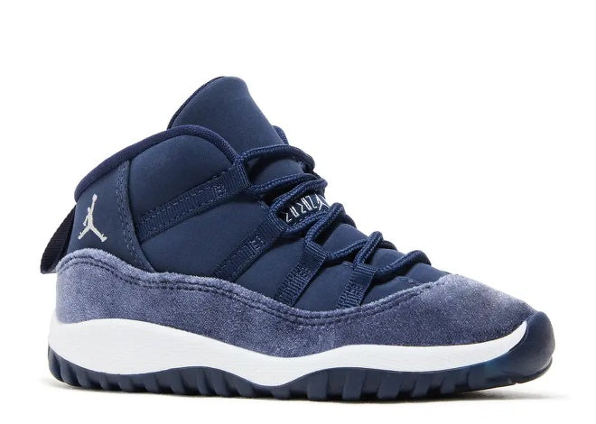 Air Jordan 11 TD toddler sneakers, Midnight Navy velvet and textile, white midsole, silver Jumpman logo.