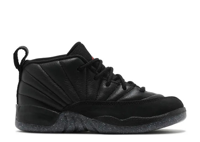 Air Jordan 12 TD Black/Bright Crimson toddler sneaker with speckled sole.
