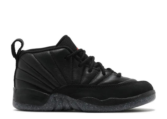 Air Jordan 12 TD Black/Bright Crimson toddler sneaker with speckled sole.