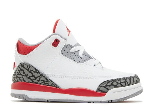 Air Jordan 3 TD Fire Red toddler sneaker (DM0968-160) white, red, elephant print.