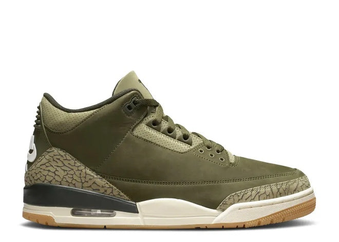 Nike Air Jordan 3 Retro Family Affair mens olive green sneaker with elephant print.