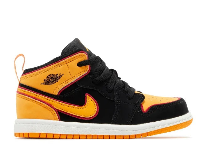 Air Jordan 1 Mid SE TD kids sneaker, black, vivid orange & red.