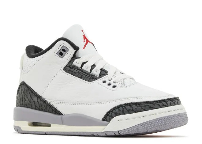 Air Jordan 3 GS Cement Grey DM0967-106 sneaker, white with elephant print.