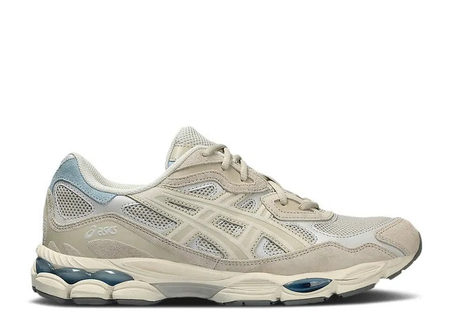 Asics 1203A383 Mens Smoke Grey sneakers with light blue accents and visible GEL cushioning.