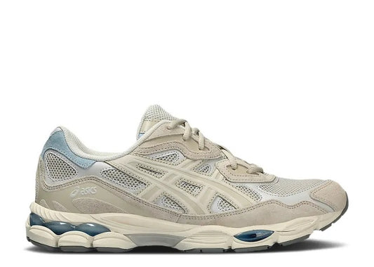 Asics 1203A383 Mens Smoke Grey sneakers with light blue accents and visible GEL cushioning.