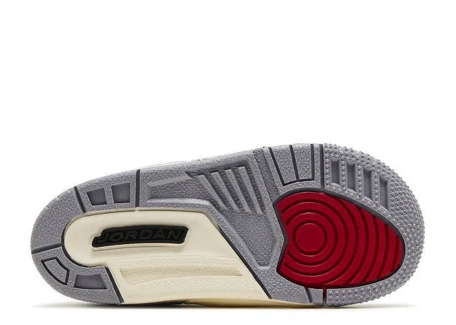Air Jordan 3 TD Summit White Fire Red toddler sneaker outsole in gray, red, and off-white. DM0968-106