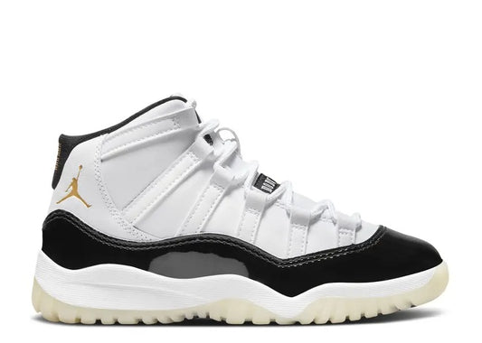 Air Jordan 11 PS kids sneaker: white, black patent leather, gold Jumpman