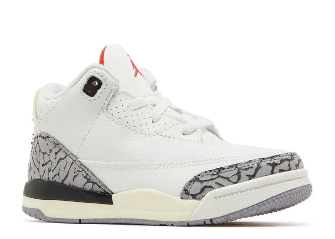 Air Jordan 3 TD toddler sneaker, Summit White, Fire Red, Black, with elephant print