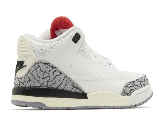 Air Jordan 3 TD Summit White, Fire Red & Black sneaker with iconic elephant print.