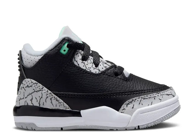 Air Jordan 3 TD black, green glow, and wolf grey toddler sneaker.
