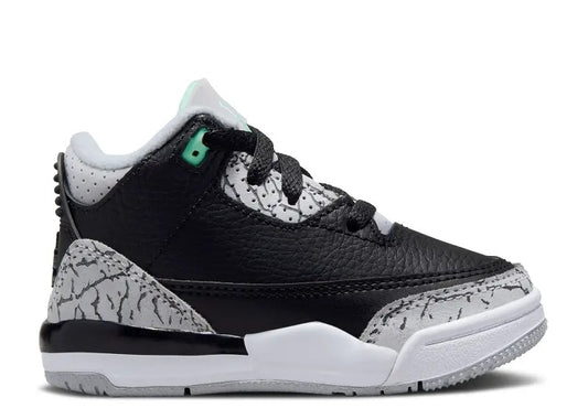 Air Jordan 3 TD black, green glow, and wolf grey toddler sneaker.