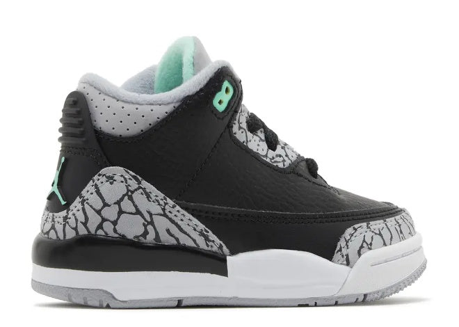 Black Air Jordan 3 TD toddler sneaker with wolf grey elephant print & green glow accents.