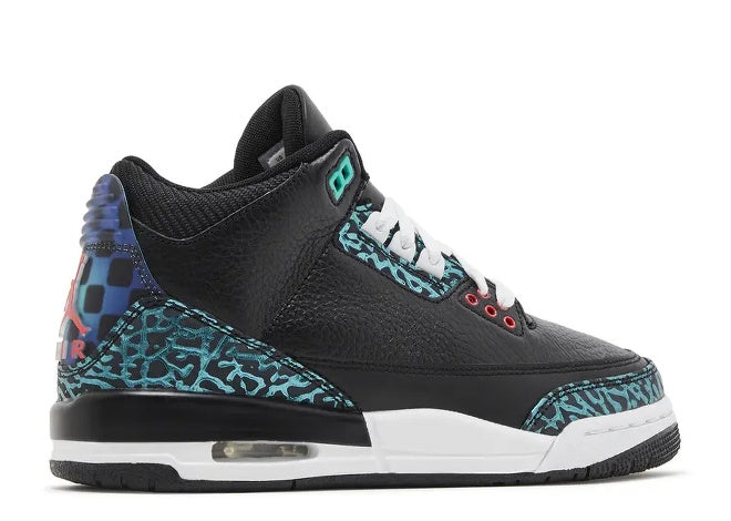 Air Jordan 3 GS Black Siren Red Hyper Jade sneaker with elephant print & checkerboard heel.