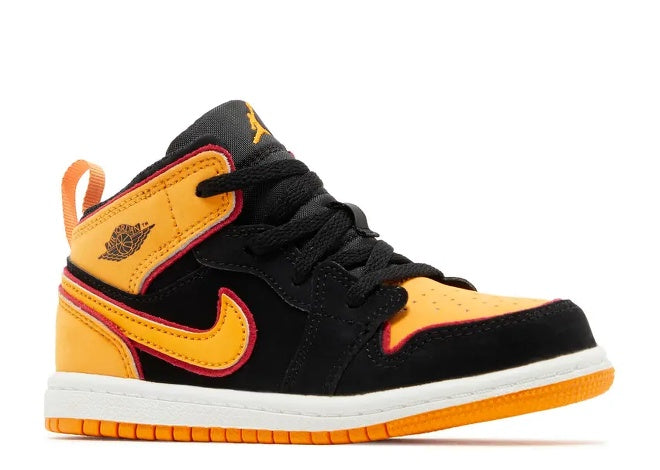 Air Jordan 1 Mid SE TD kids sneaker in black, vivid orange, & red.