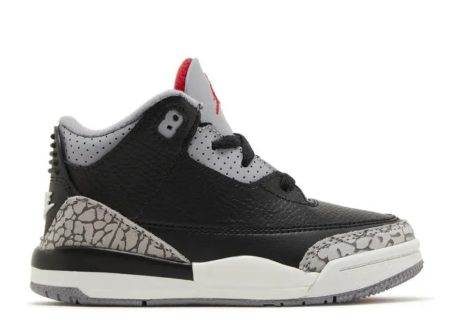 Toddler Air Jordan 3 TD Black Fire Red Cement Grey sneaker with elephant print