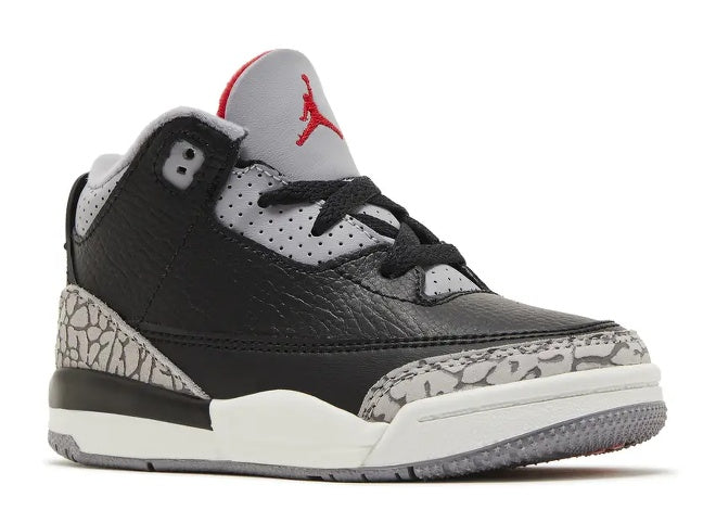 Air Jordan 3 TD Black Fire Red Cement Grey toddler sneaker with elephant print.