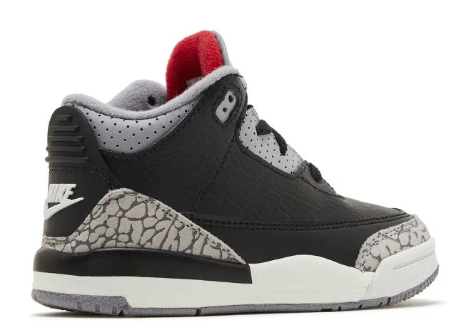 Air Jordan 3 TD toddler sneaker in black with red lining & grey elephant print.