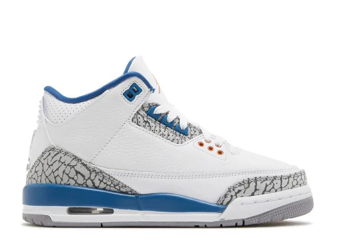 Air Jordan 3 GS white & blue sneaker with elephant print and metallic copper details.