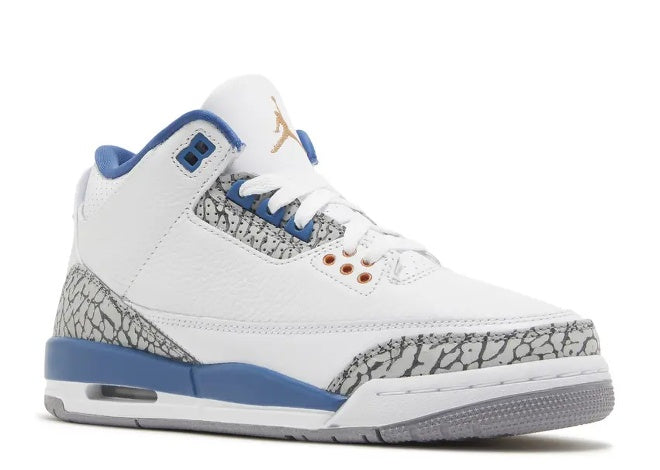 Air Jordan 3 GS white, blue, metallic copper eyelets, and elephant print sneaker.