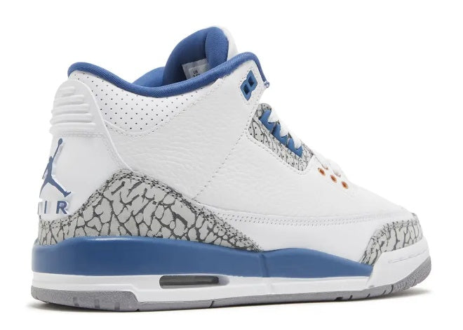 White Air Jordan 3 GS sneaker with blue trim, elephant print, and copper eyelets.