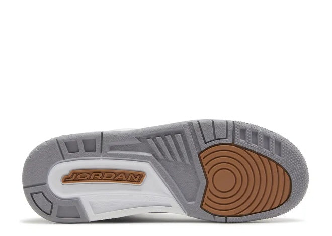 Air Jordan 3 GS sneaker sole in white, grey, & metallic copper with Jordan logo.