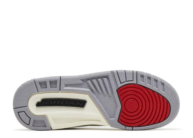 Air Jordan 3 GS Cement Grey outsole, red traction pattern, and Jordan logo.