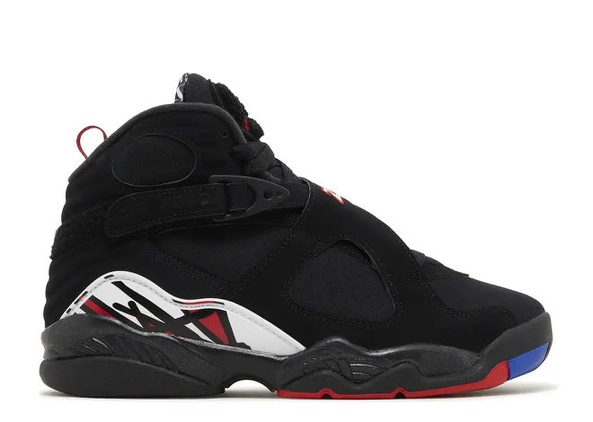 Air Jordan 8 Kids sneaker, black, true red, white & blue. Side view.