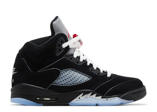 Air Jordan 5 OG GS Black Metallic Silver sneaker HF3976-001 with white laces, red Jumpman, and icy sole.