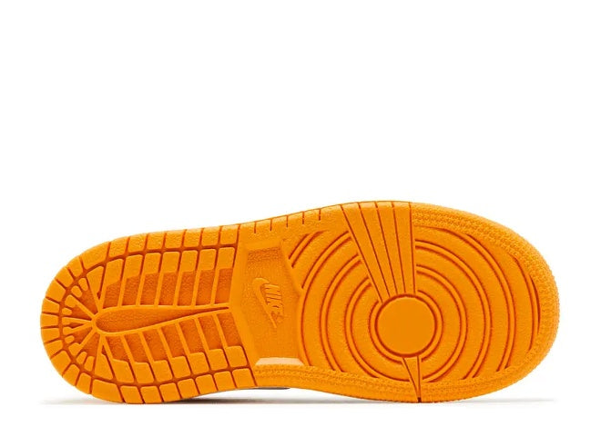 Vivid orange Air Jordan 1 Mid SE TD kids sneaker sole with traction pattern and Nike logo.