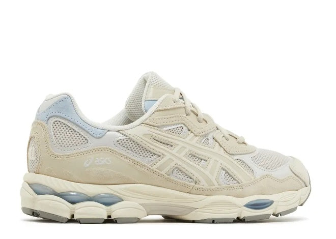 Asics 1203A383 mens cream-grey GEL sneaker with blue details.