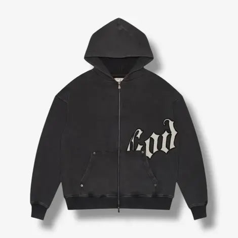 Godspeed OG Logo V2 black washed zip hoodie, Old English God text.
